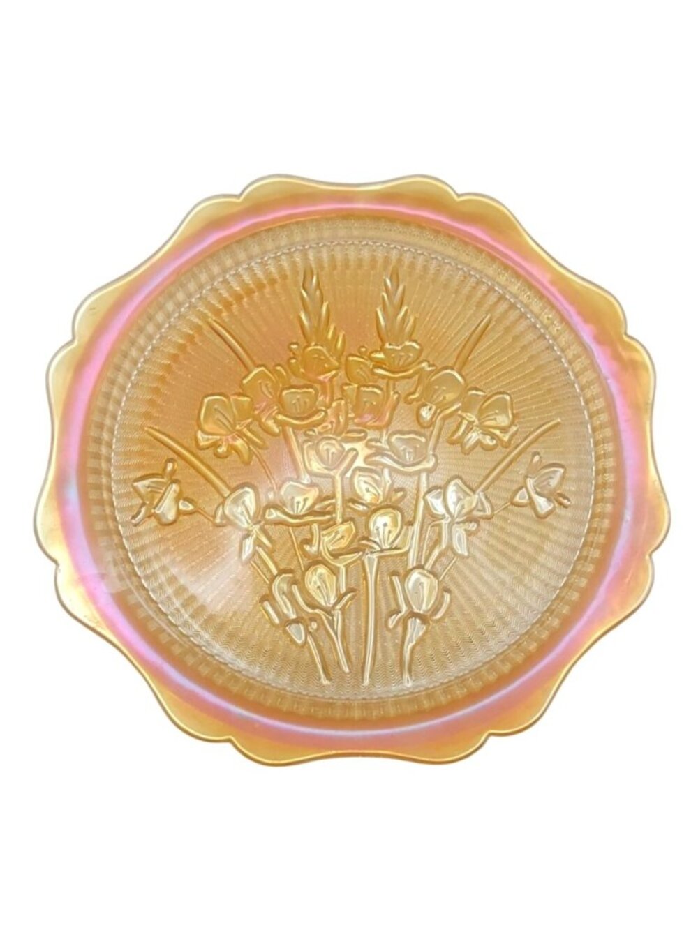 Vintage Jeannette Glass Iris & Herringbone Marigold Carnival Glass Round Platter
